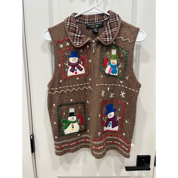 Hampshire Studio SNOW Women's Brown Snowman Ugly Christmas Sweater Vest Size M - Picture 4 of 12